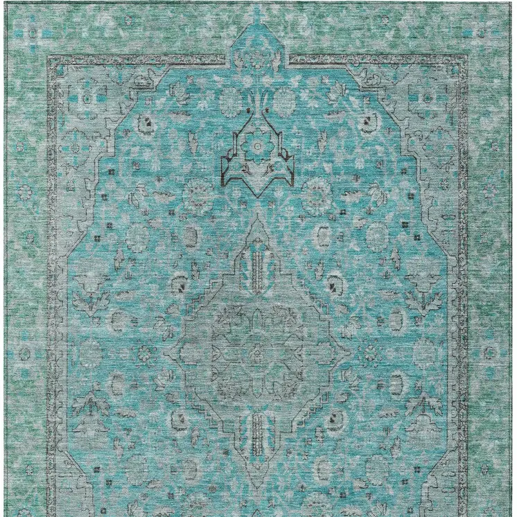 5' X 8' Aqua And Teal Blue Medallion Washable Indoor Outdoor Area Rug