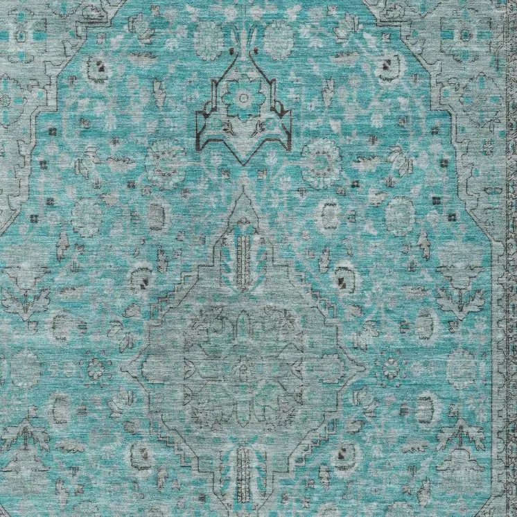 5' X 8' Aqua And Teal Blue Medallion Washable Indoor Outdoor Area Rug