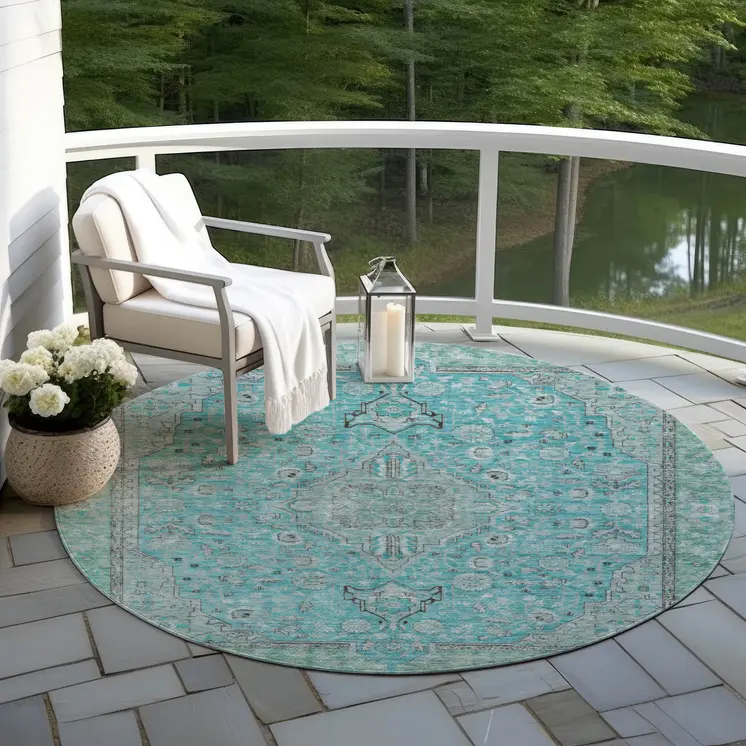 8' Aqua And Teal Blue Round Medallion Washable Indoor Outdoor Area Rug