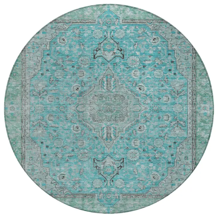 8' Aqua And Teal Blue Round Medallion Washable Indoor Outdoor Area Rug