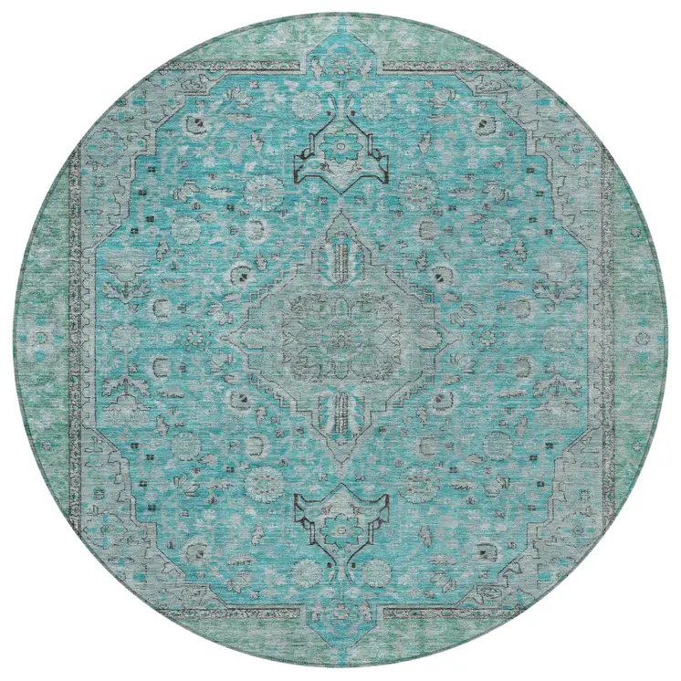 8' Aqua And Teal Blue Round Medallion Washable Indoor Outdoor Area Rug