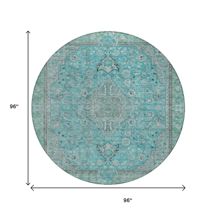 8' Aqua And Teal Blue Round Medallion Washable Indoor Outdoor Area Rug