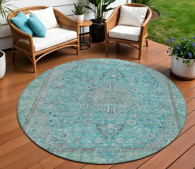 8' Aqua And Teal Blue Round Medallion Washable Indoor Outdoor Area Rug