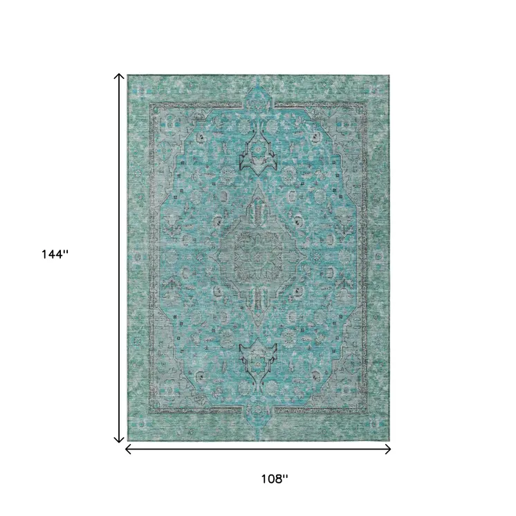 9' X 12' Aqua And Teal Blue Medallion Washable Indoor Outdoor Area Rug