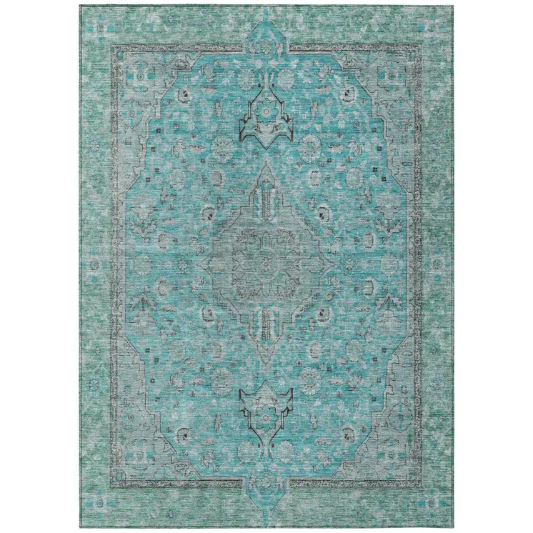 9' X 12' Aqua And Teal Blue Medallion Washable Indoor Outdoor Area Rug