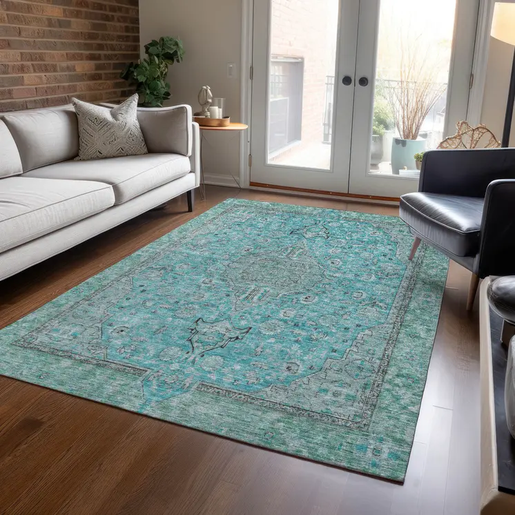 9' X 12' Aqua And Teal Blue Medallion Washable Indoor Outdoor Area Rug
