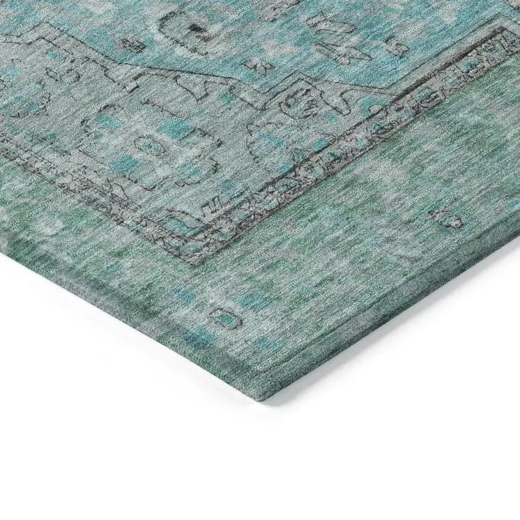 10' X 14' Aqua And Teal Blue Medallion Washable Indoor Outdoor Area Rug
