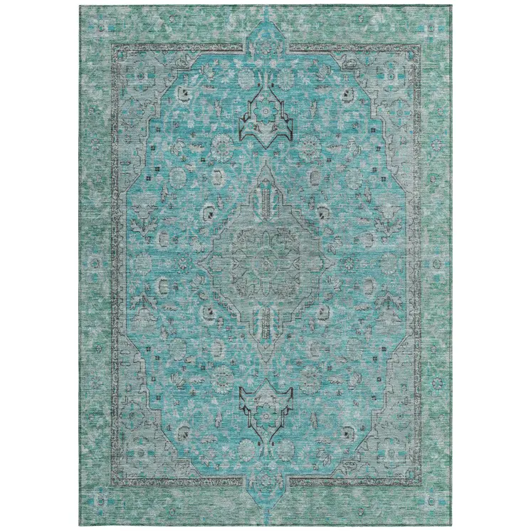 10' X 14' Aqua And Teal Blue Medallion Washable Indoor Outdoor Area Rug