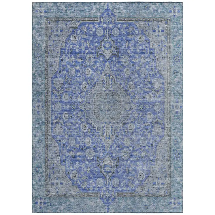 3' X 5' Blue And Gray Medallion Washable Indoor Outdoor Area Rug