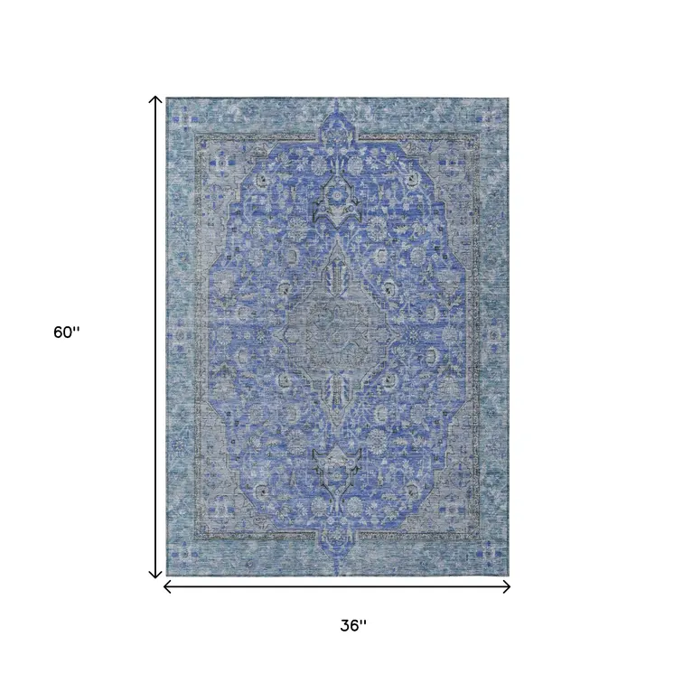 3' X 5' Blue And Gray Medallion Washable Indoor Outdoor Area Rug