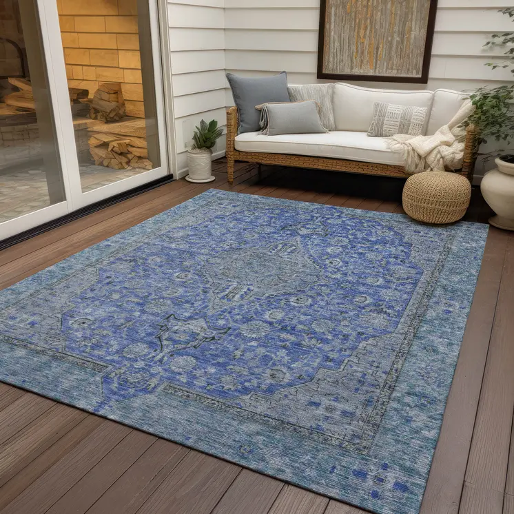 3' X 5' Blue And Gray Medallion Washable Indoor Outdoor Area Rug