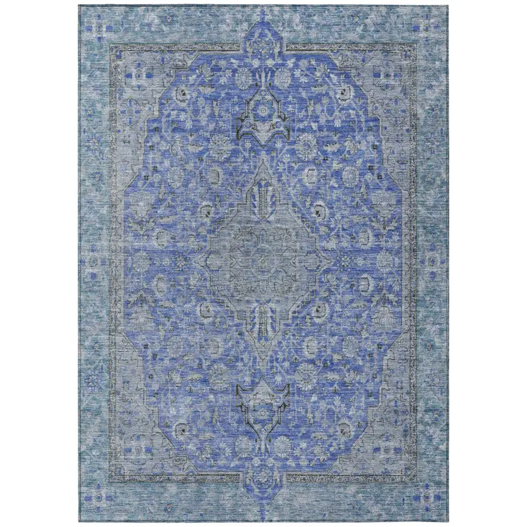 3' X 5' Blue And Gray Medallion Washable Indoor Outdoor Area Rug