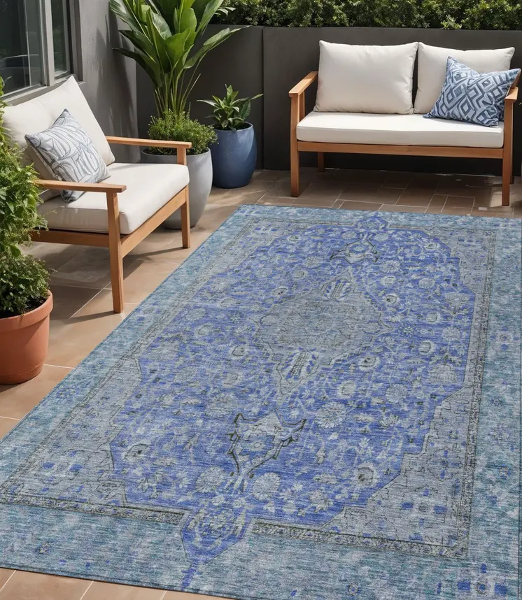 5' X 8' Blue And Gray Medallion Washable Indoor Outdoor Area Rug