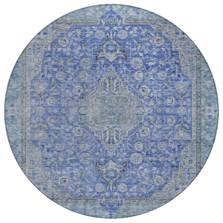 8' Blue And Gray Round Medallion Washable Indoor Outdoor Area Rug