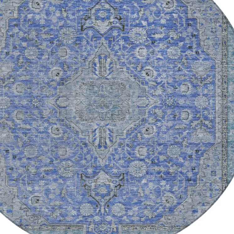 8' Blue And Gray Round Medallion Washable Indoor Outdoor Area Rug
