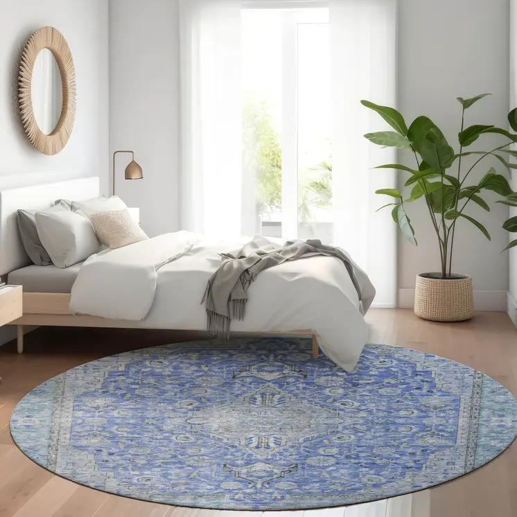 8' Blue And Gray Round Medallion Washable Indoor Outdoor Area Rug
