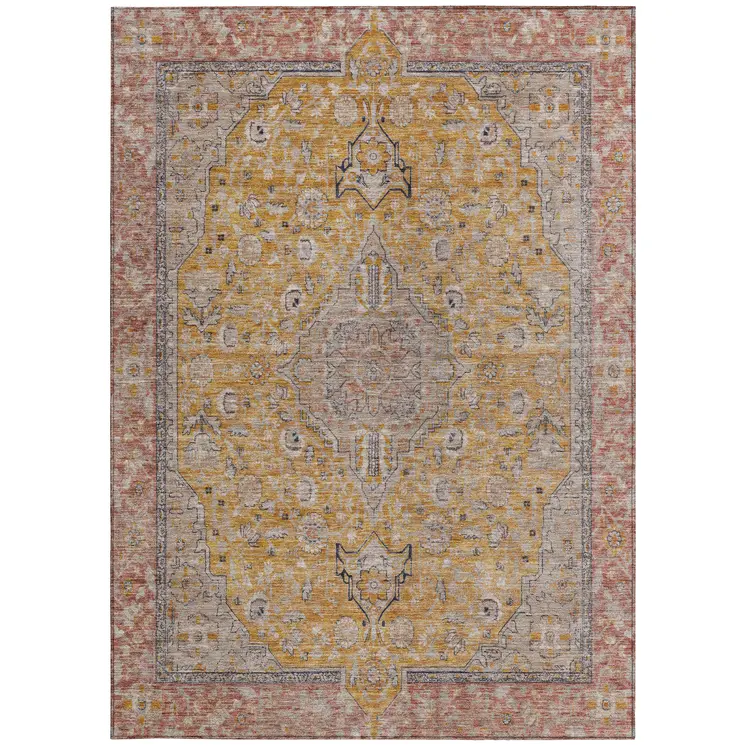 3' X 5' Gold And Peach Medallion Washable Indoor Outdoor Area Rug