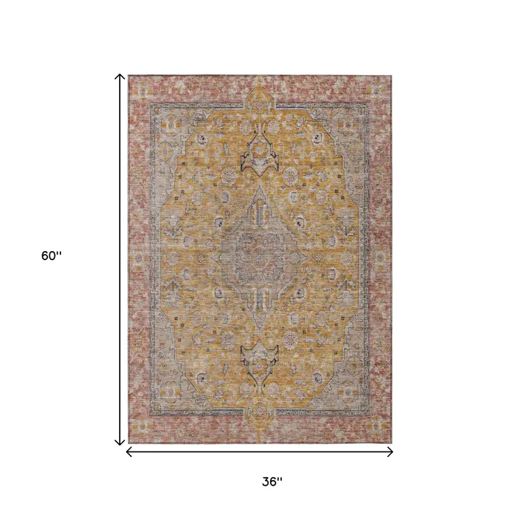 3' X 5' Gold And Peach Medallion Washable Indoor Outdoor Area Rug