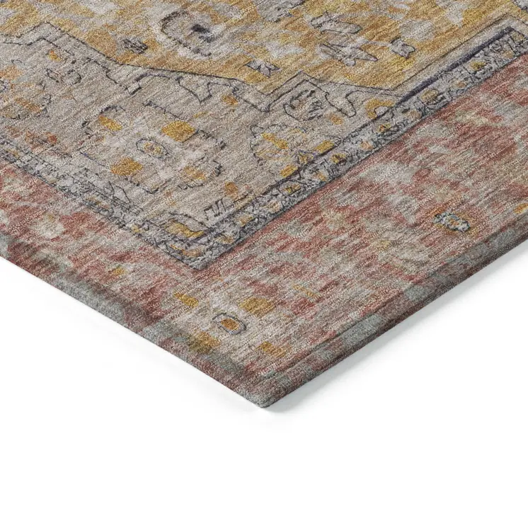 3' X 5' Gold And Peach Medallion Washable Indoor Outdoor Area Rug