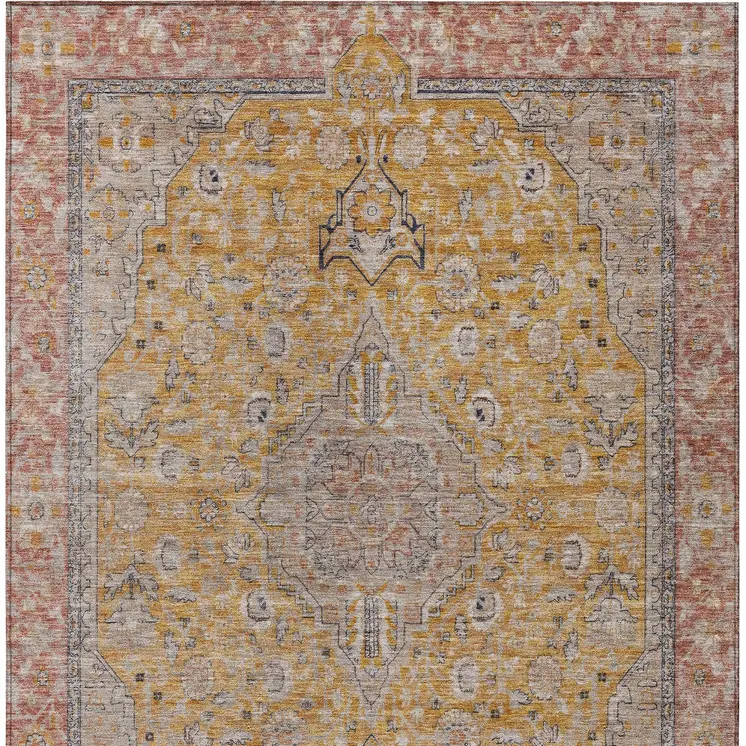 3' X 5' Gold And Peach Medallion Washable Indoor Outdoor Area Rug
