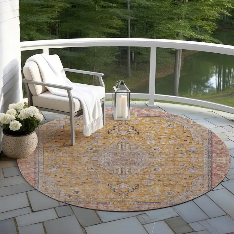 8' Gold And Peach Round Medallion Washable Indoor Outdoor Area Rug