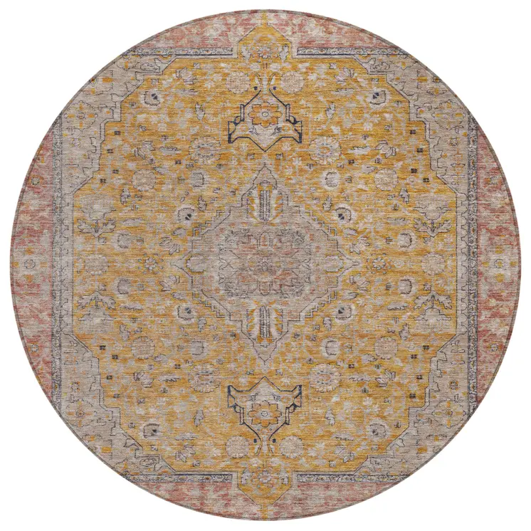 8' Gold And Peach Round Medallion Washable Indoor Outdoor Area Rug
