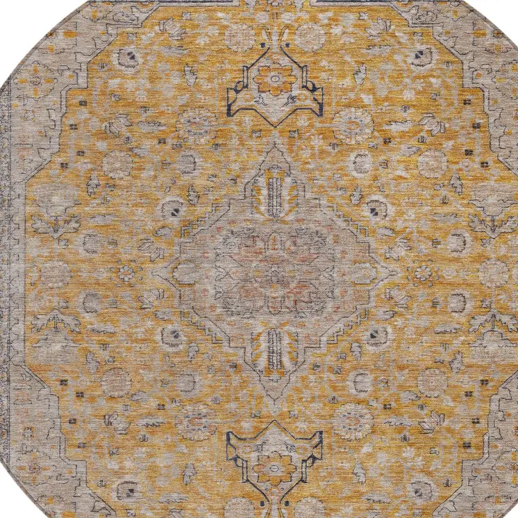 8' Gold And Peach Round Medallion Washable Indoor Outdoor Area Rug