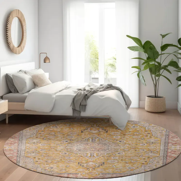 8' Gold And Peach Round Medallion Washable Indoor Outdoor Area Rug