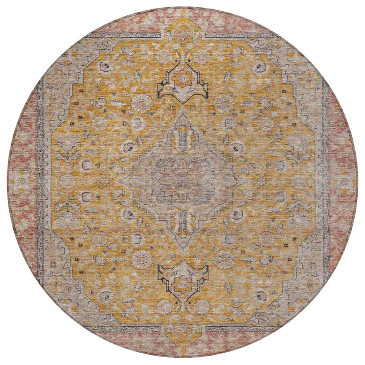 8' Gold And Peach Round Medallion Washable Indoor Outdoor Area Rug