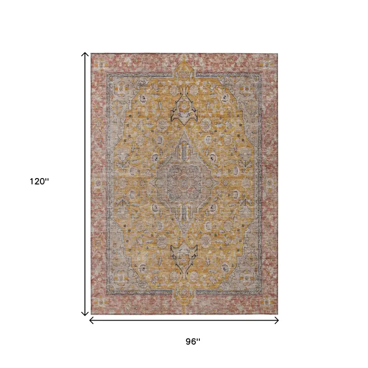 8' X 10' Gold And Peach Medallion Washable Indoor Outdoor Area Rug
