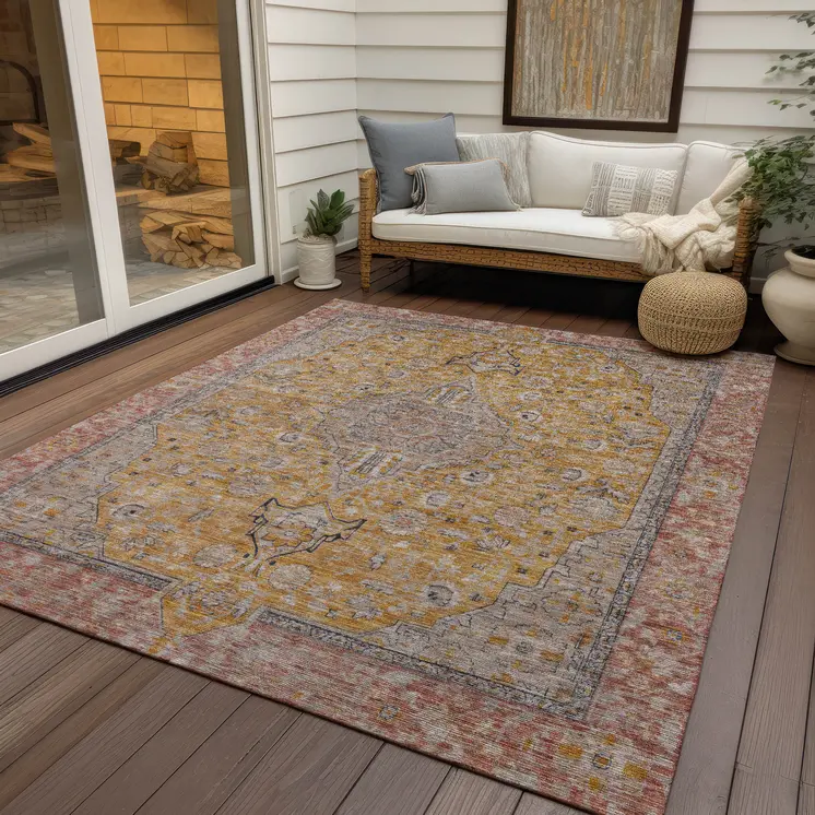 9' X 12' Gold And Peach Medallion Washable Indoor Outdoor Area Rug