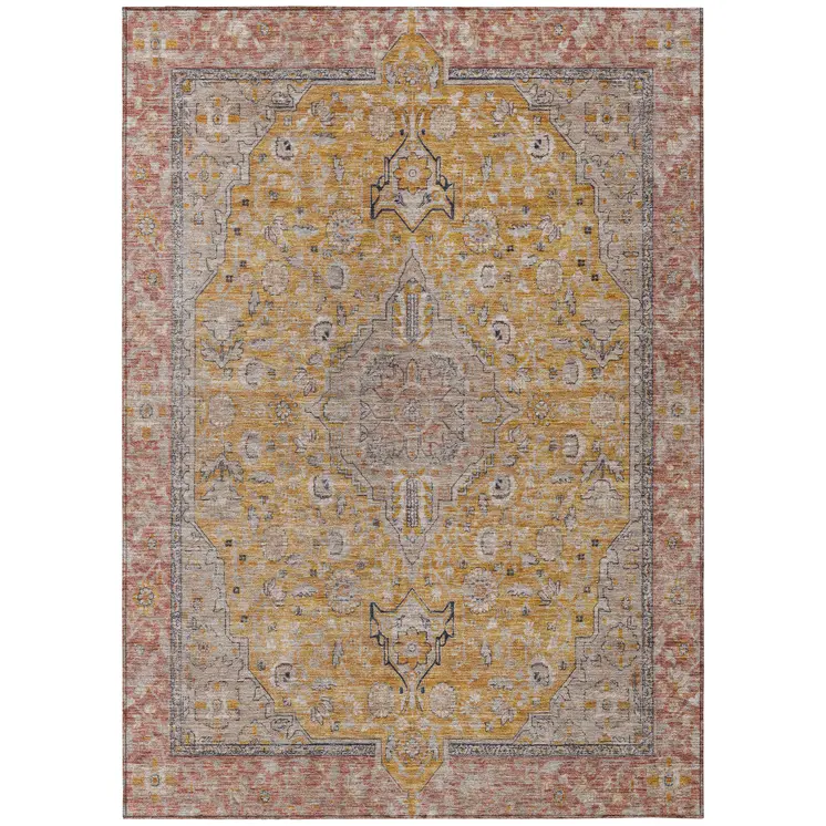 9' X 12' Gold And Peach Medallion Washable Indoor Outdoor Area Rug