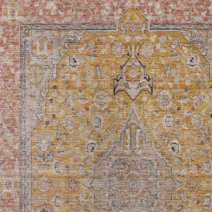 9' X 12' Gold And Peach Medallion Washable Indoor Outdoor Area Rug