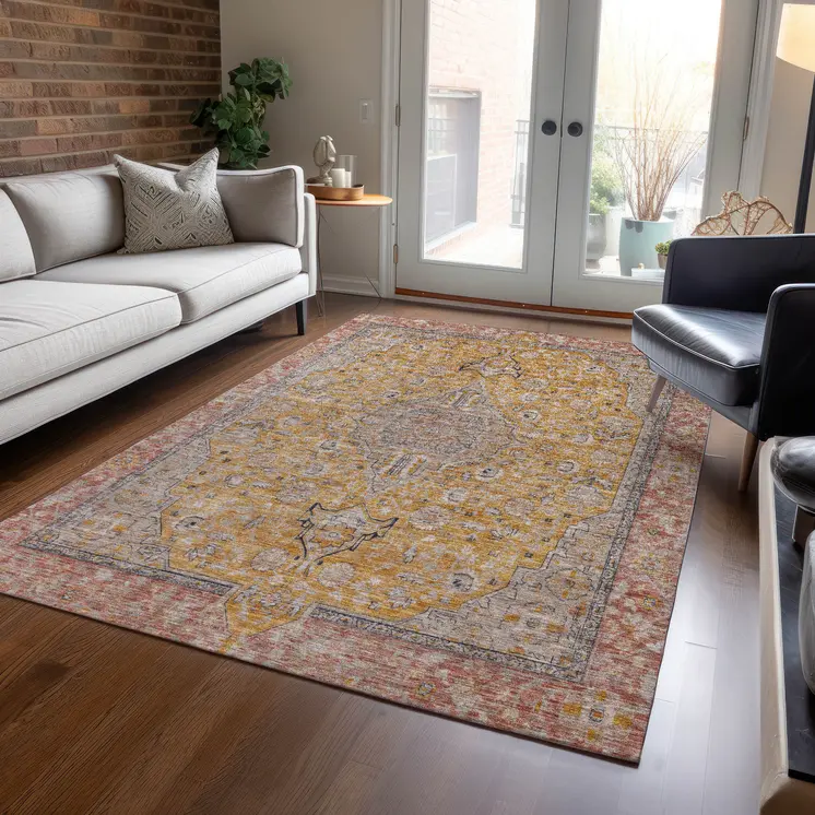 9' X 12' Gold And Peach Medallion Washable Indoor Outdoor Area Rug