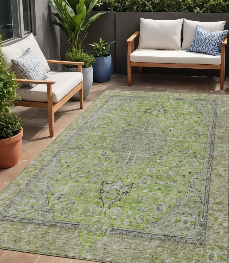 5' X 8' Lime Green And Gray Medallion Washable Indoor Outdoor Area Rug