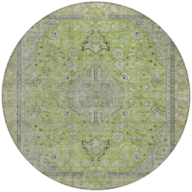 8' Lime Green And Gray Round Medallion Washable Indoor Outdoor Area Rug
