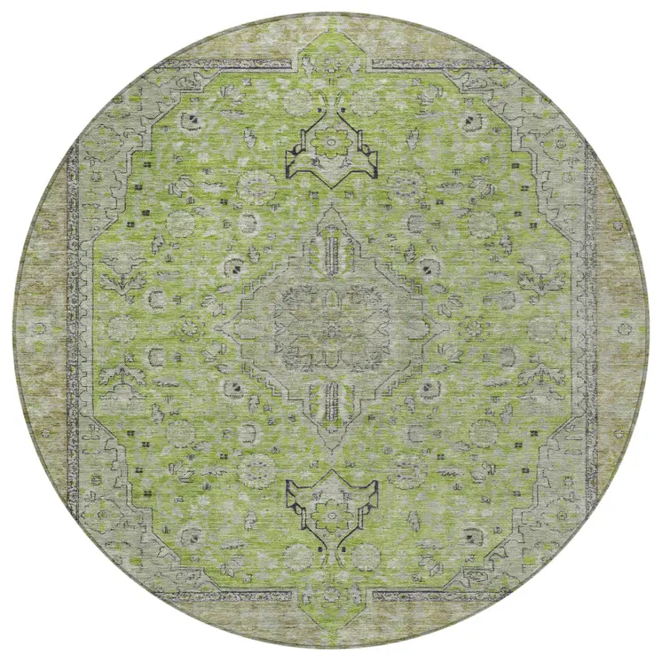 8' Lime Green And Gray Round Medallion Washable Indoor Outdoor Area Rug