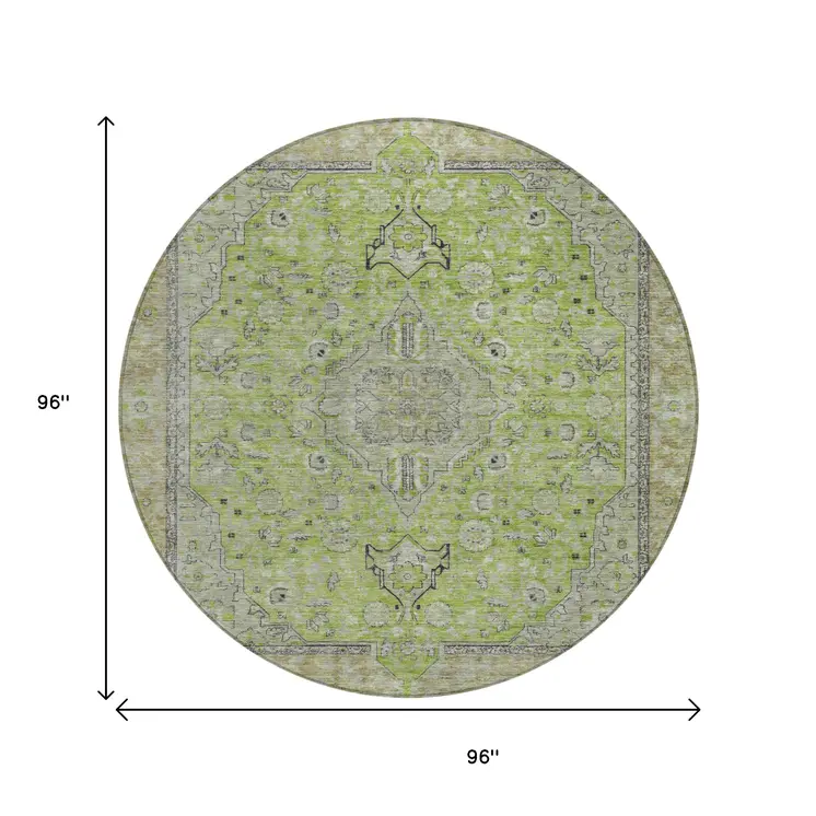 8' Lime Green And Gray Round Medallion Washable Indoor Outdoor Area Rug