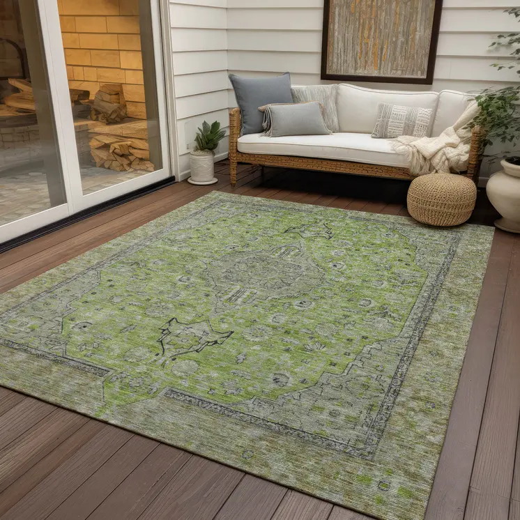 9' X 12' Lime Green And Gray Medallion Washable Indoor Outdoor Area Rug