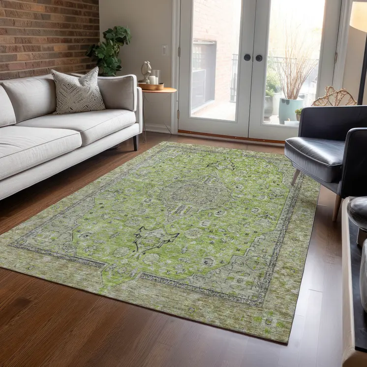 9' X 12' Lime Green And Gray Medallion Washable Indoor Outdoor Area Rug