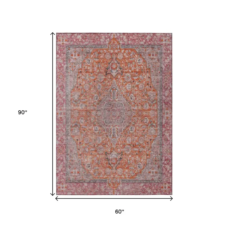5' X 8' Orange And Red Medallion Washable Indoor Outdoor Area Rug