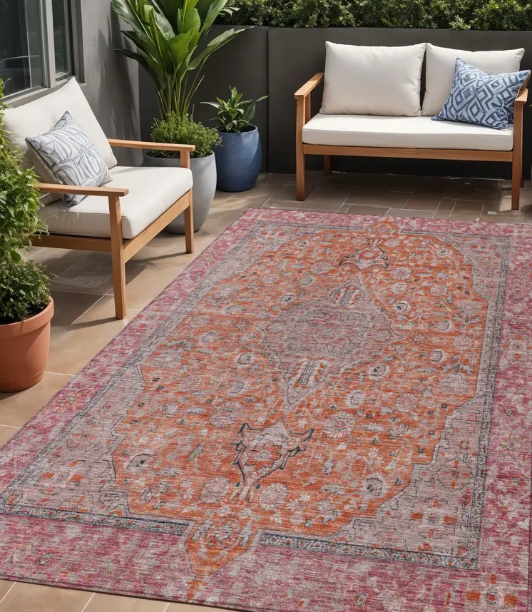 5' X 8' Orange And Red Medallion Washable Indoor Outdoor Area Rug