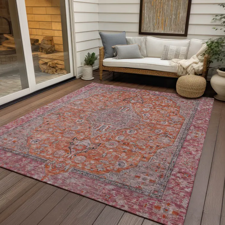 5' X 8' Orange And Red Medallion Washable Indoor Outdoor Area Rug