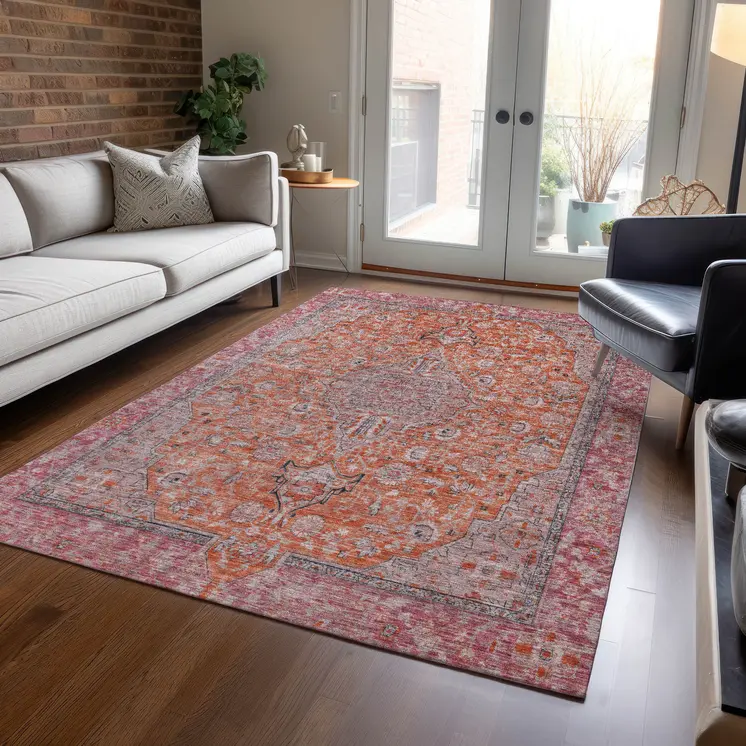 5' X 8' Orange And Red Medallion Washable Indoor Outdoor Area Rug