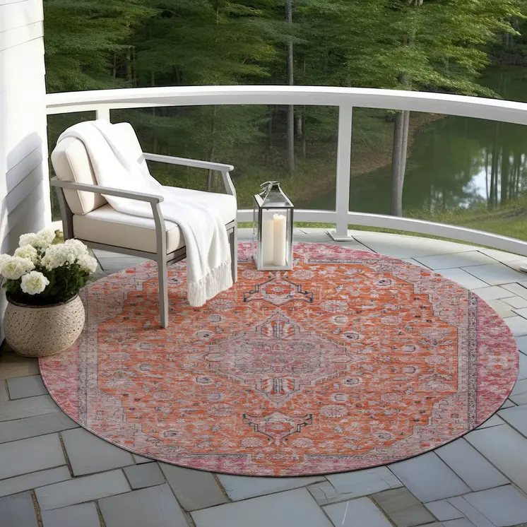8' Orange And Red Round Medallion Washable Indoor Outdoor Area Rug