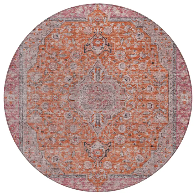 8' Orange And Red Round Medallion Washable Indoor Outdoor Area Rug
