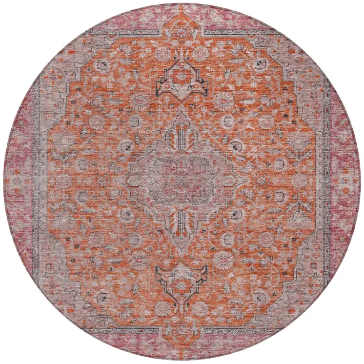 8' Orange And Red Round Medallion Washable Indoor Outdoor Area Rug