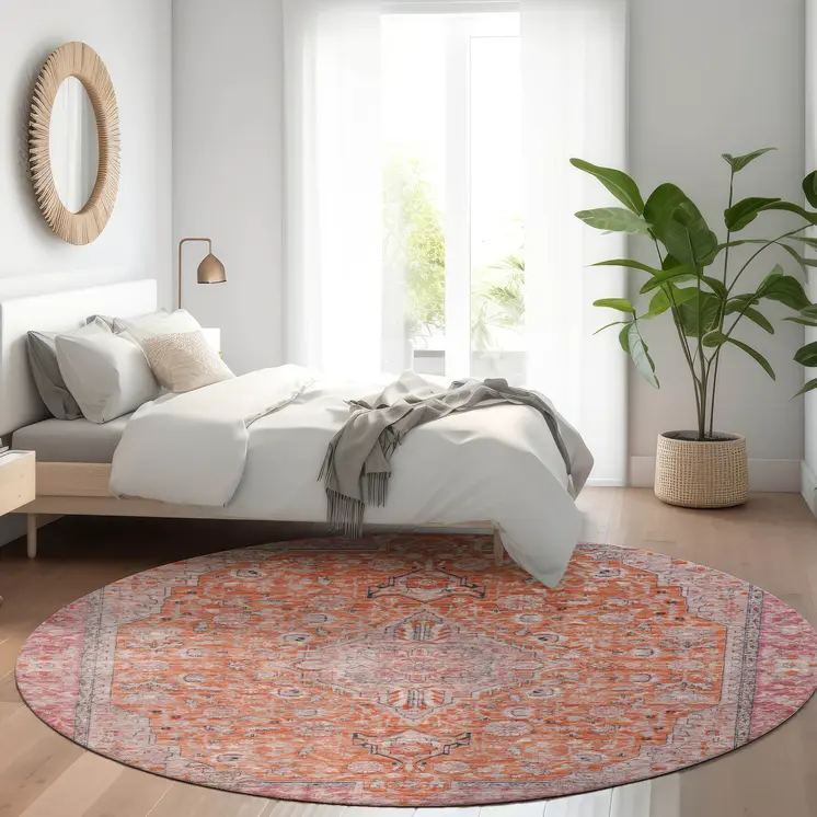8' Orange And Red Round Medallion Washable Indoor Outdoor Area Rug