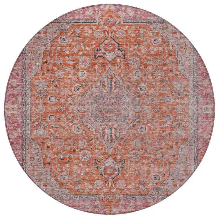 8' Orange And Red Round Medallion Washable Indoor Outdoor Area Rug