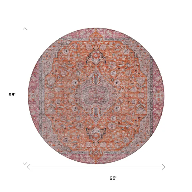 8' Orange And Red Round Medallion Washable Indoor Outdoor Area Rug
